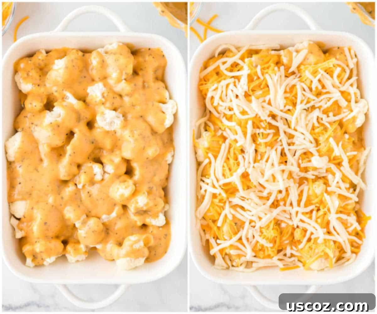 Golden Cheesy Cauliflower 7 A two-part collage image. The top shows cheese sauce being poured over roasted cauliflower. The bottom shows shredded cheddar and mozzarella cheese being sprinkled over the sauced cauliflower, ready for final baking.