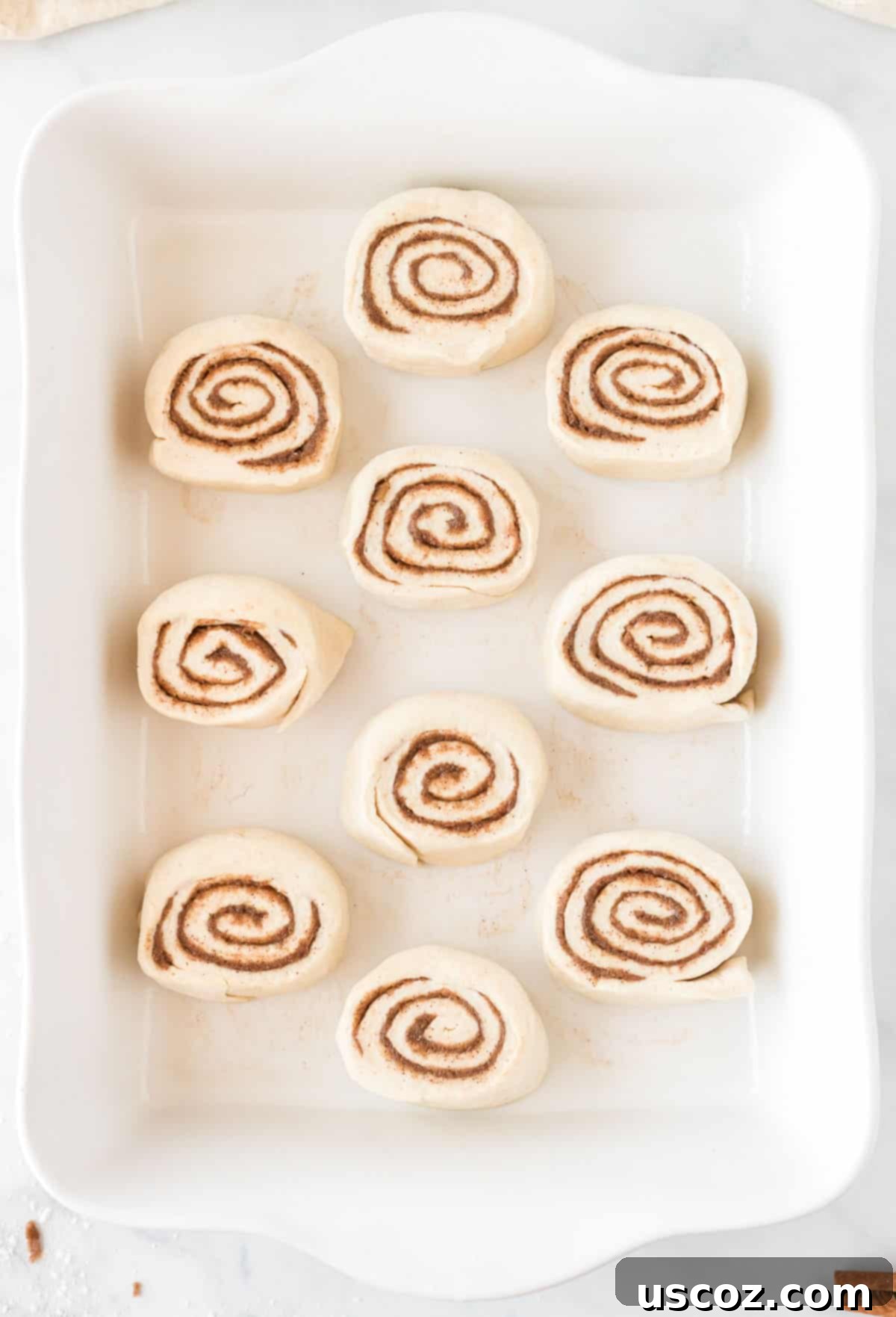 Effortless Cinnamon Swirls 11 uncooked cinnamon rolls neatly placed in the baking dish