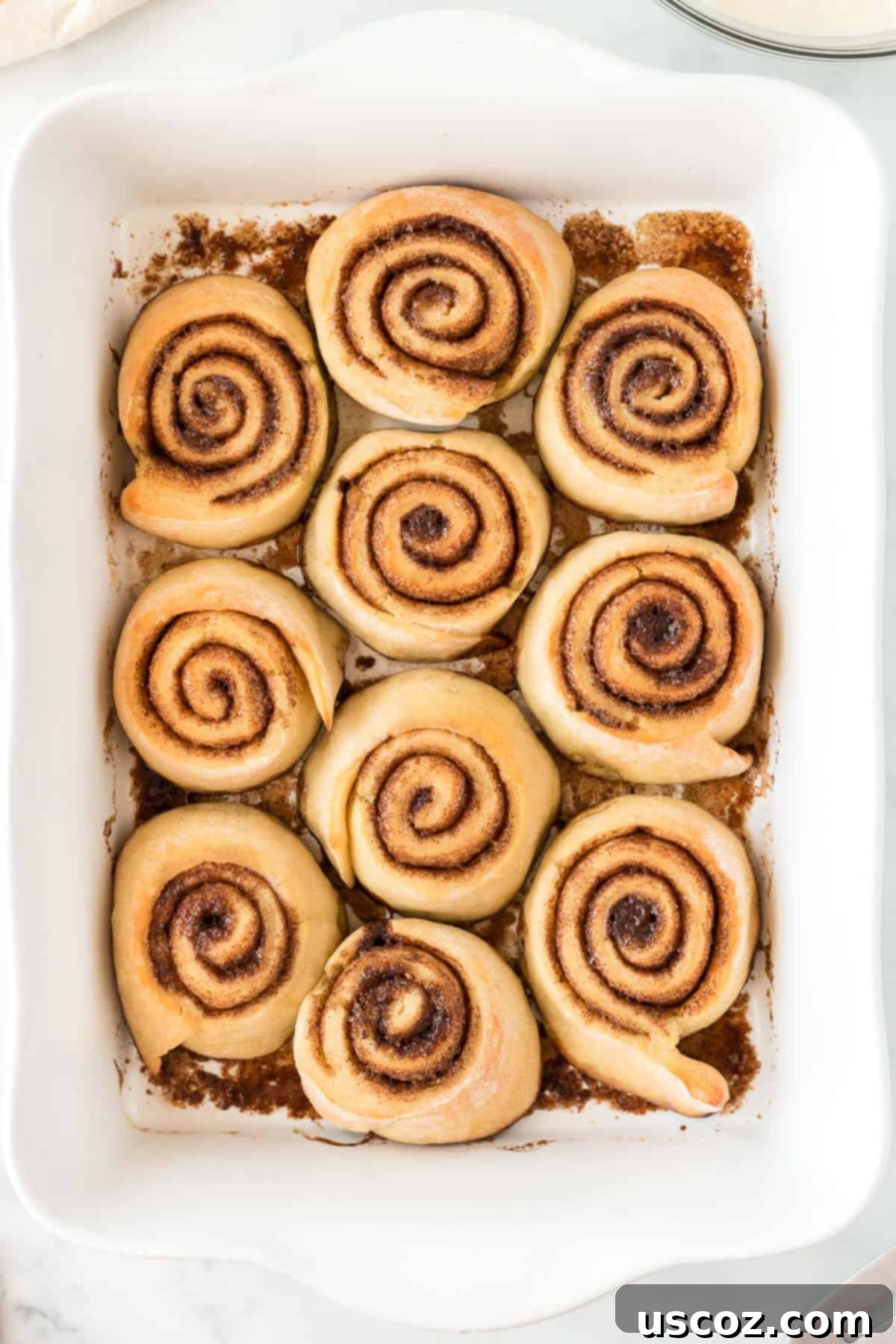 Effortless Cinnamon Swirls 12 golden-baked cinnamon rolls fresh out of the oven in the baking dish