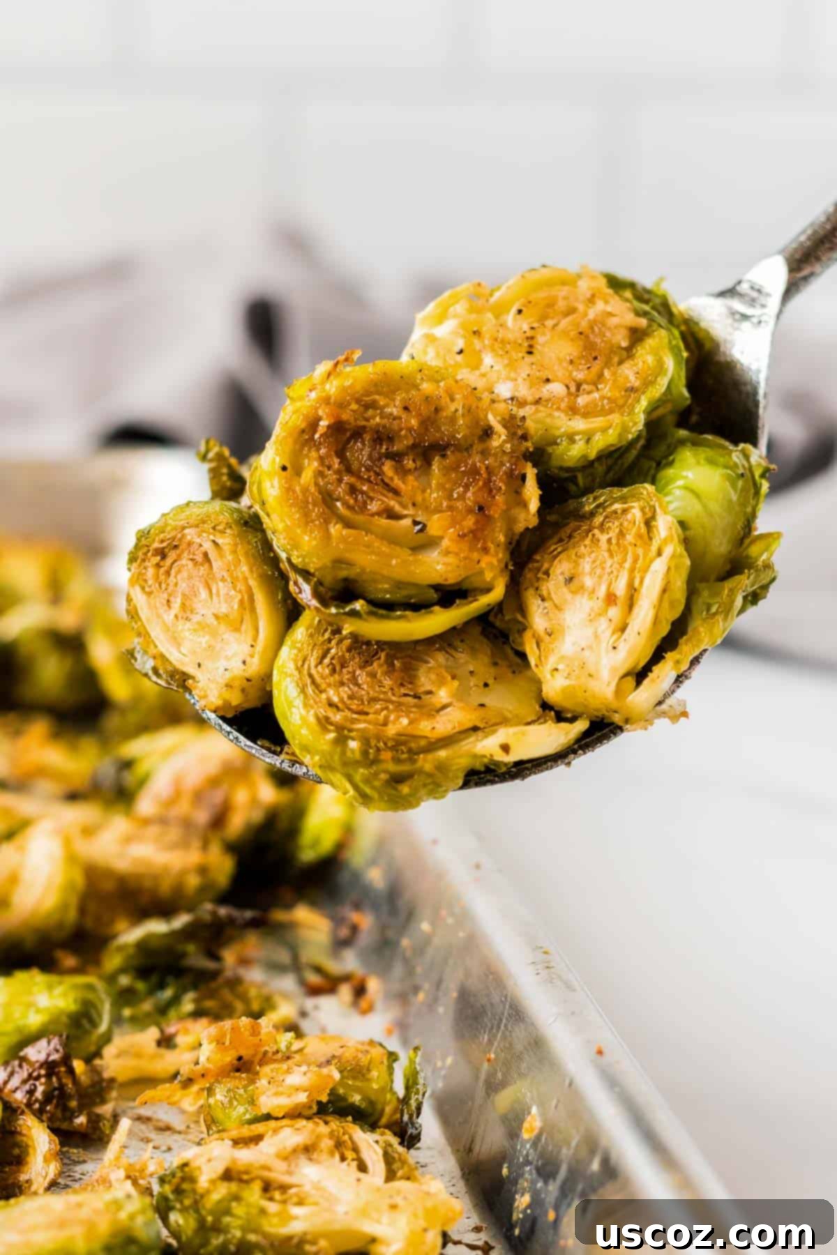 Parmesan Roasted Brussels Sprouts 11 parmesan roasted brussels sprouts in a bowl with some crumbs of parmesan cheese