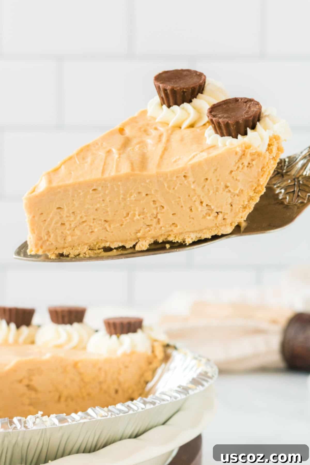 Simple No-Bake Peanut Butter Delight 13 A hand gently removing a perfect slice of no-bake peanut butter pie from the dish.