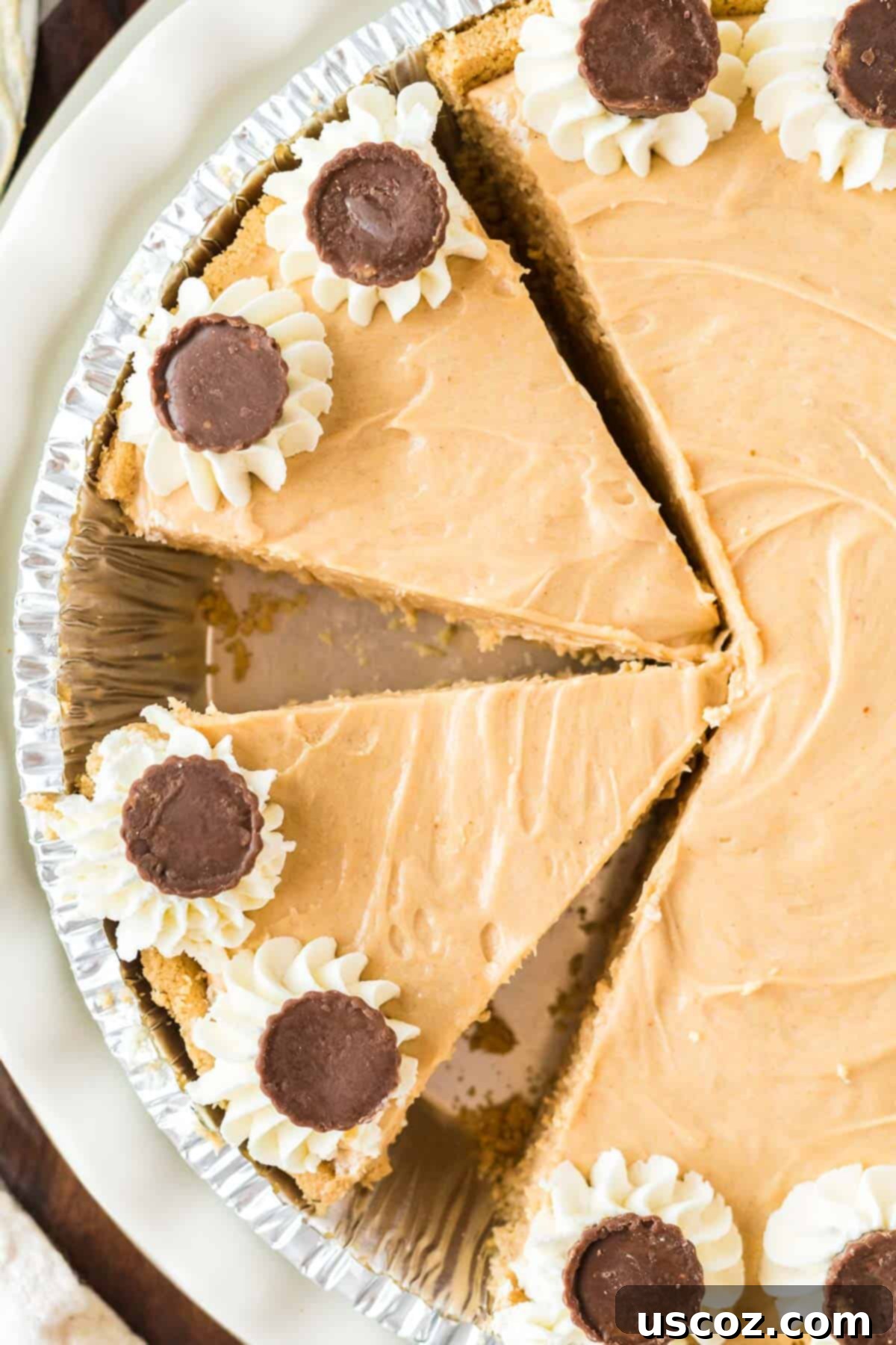 Simple No-Bake Peanut Butter Delight 15 A whole no-bake peanut butter pie expertly cut into neat slices, ready for serving.