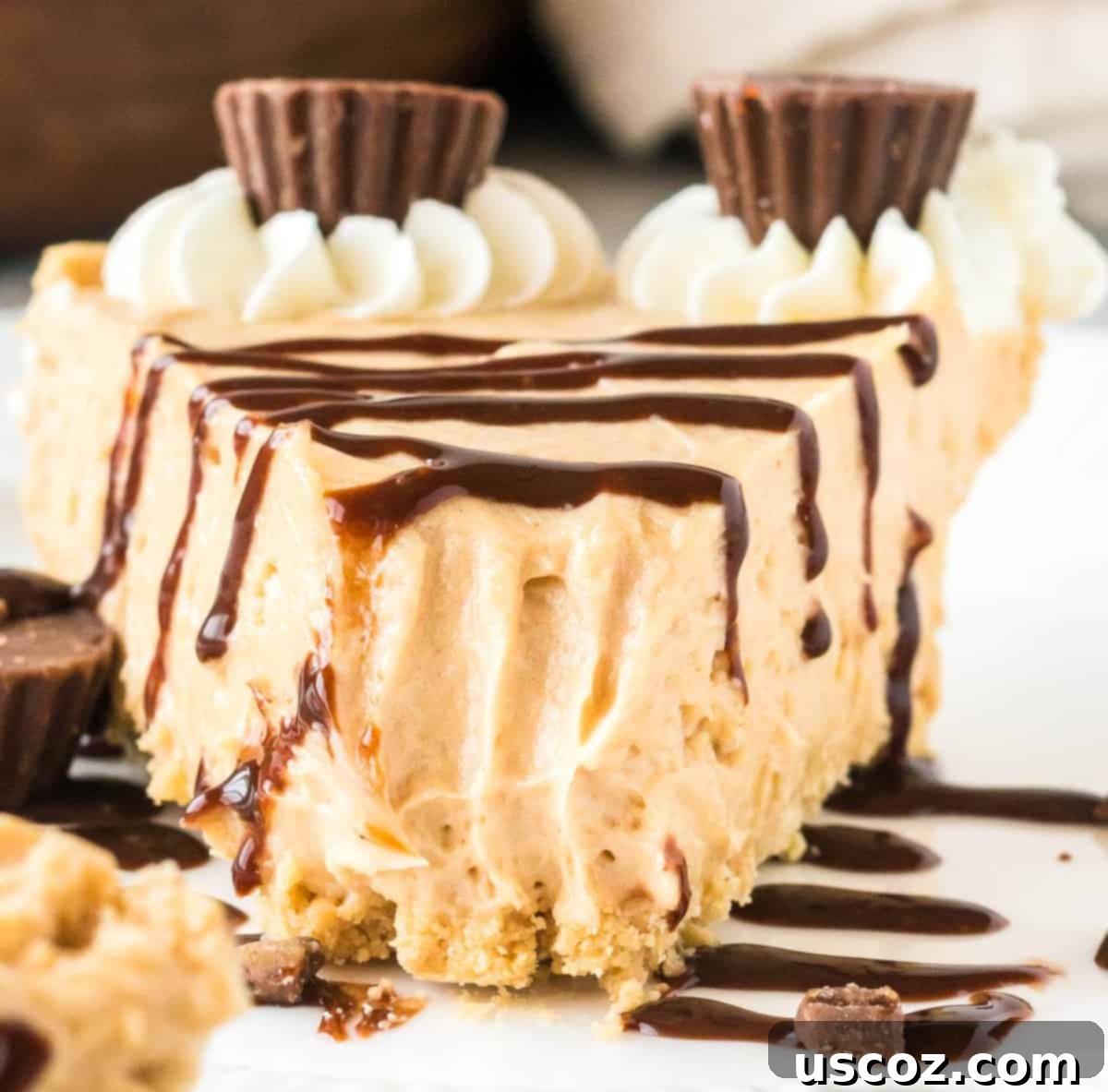Simple No-Bake Peanut Butter Delight 17 A close-up of a slice of no-bake peanut butter pie, drizzled with chocolate sauce, with a bite taken out, showing its creamy interior.