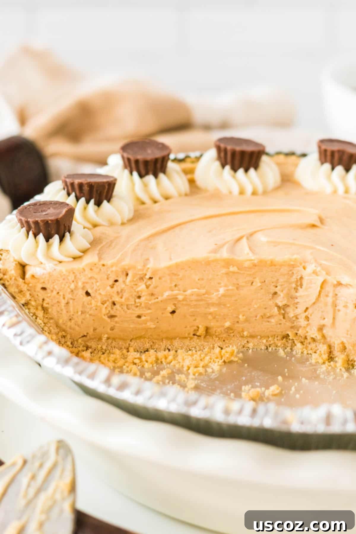 Simple No-Bake Peanut Butter Delight 3 A complete no-bake peanut butter pie, showcasing its smooth, creamy texture in a golden graham cracker crust.
