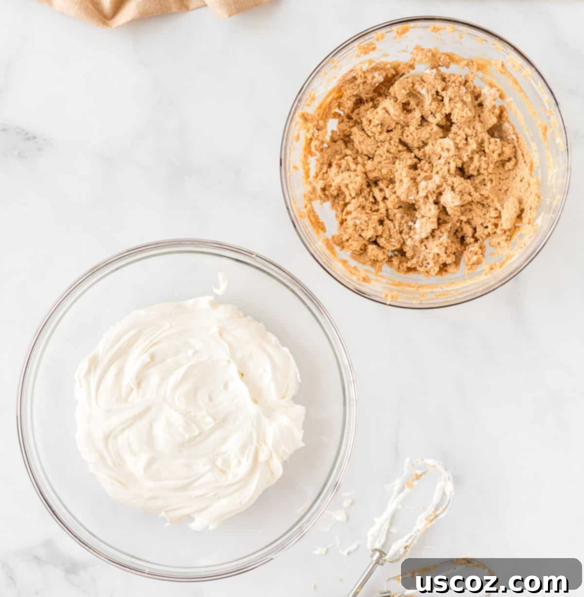Simple No-Bake Peanut Butter Delight 8 Two bowls, one with whipped cream and the other with peanut butter mixture, ready to be combined for the pie filling.