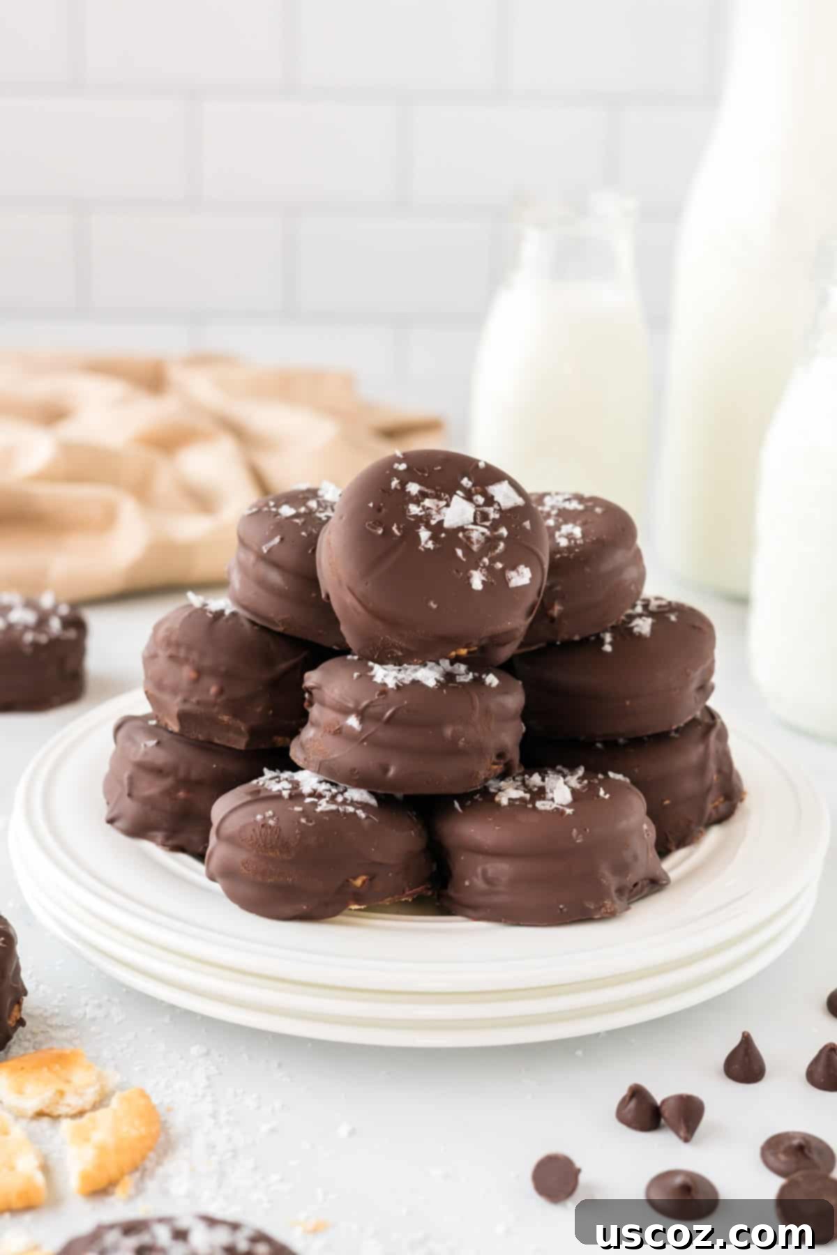 Irresistible Ritz Cookie Bites 12 Ritz Cracker Cookies stacked neatly on a white plate, with sea salt flakes on top.