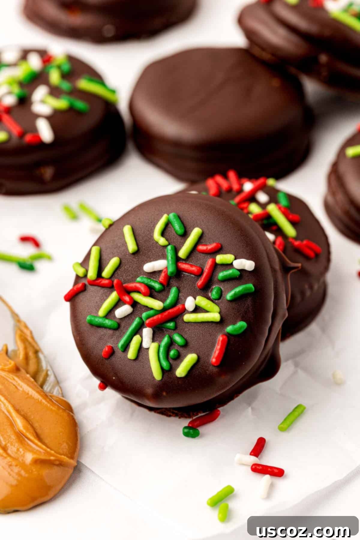 Irresistible Ritz Cookie Bites 13 Ritz Cracker Cookies adorned with festive red and green sprinkles, perfect for the holidays.