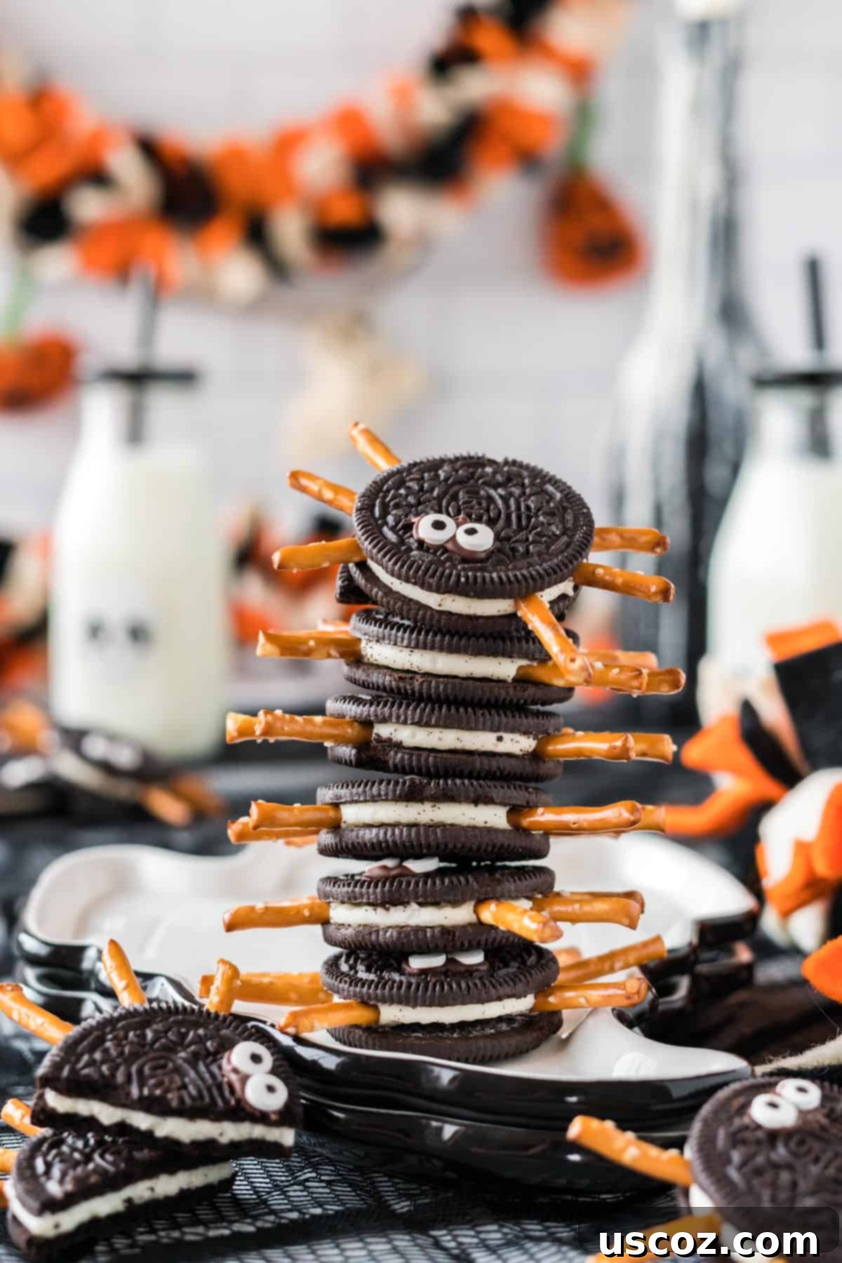 Eight-Legged Oreo Delights 12 A stack of spooky Oreo spider cookies, showing their pretzel legs and googly eyes, ready for a Halloween party.