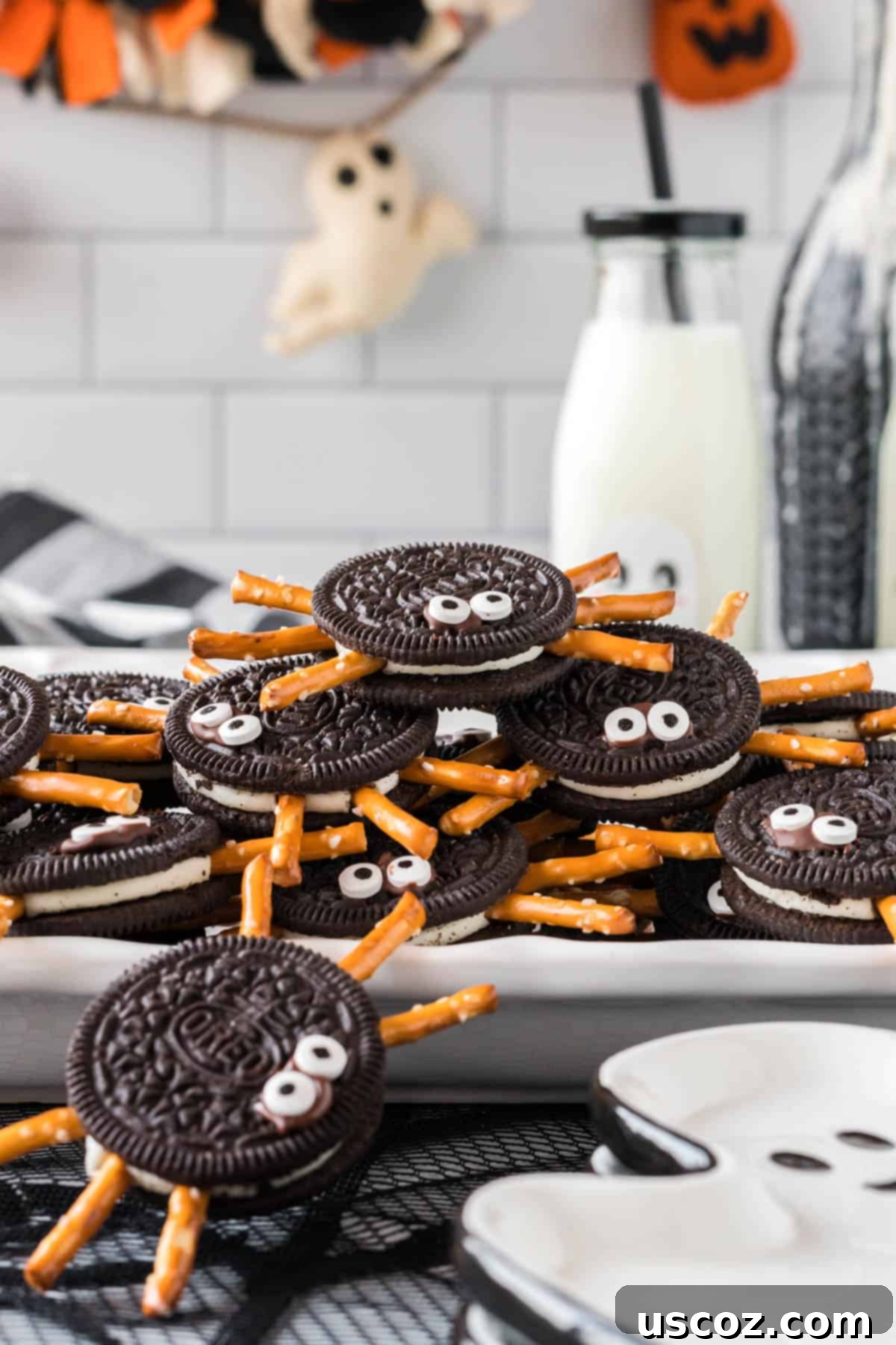 Eight-Legged Oreo Delights 14 Another view of a white tray with delicious and spooky Oreo spider cookies, highlighting the fun Halloween theme.