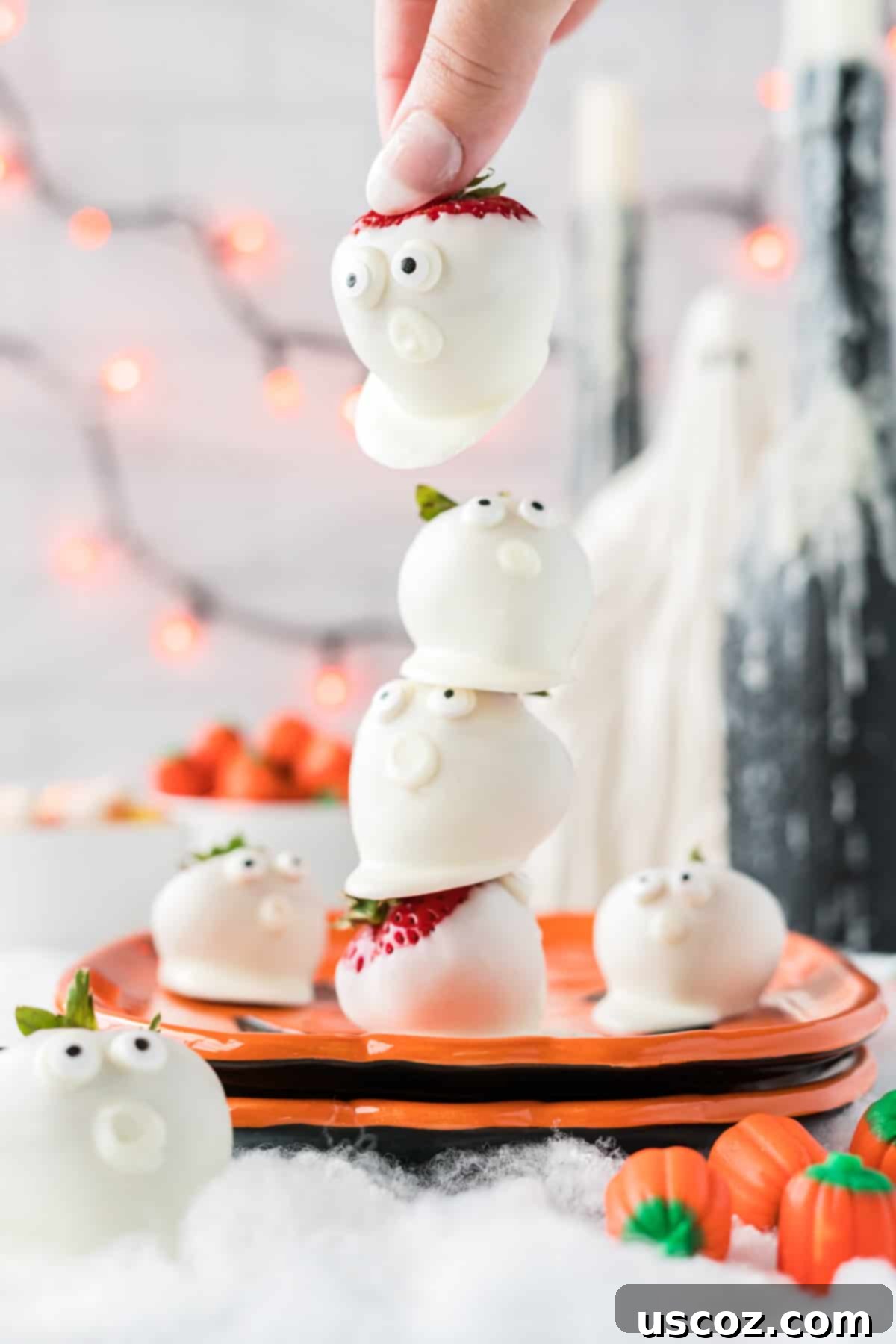 Strawberry Whispers 12 stacked strawberry ghosts on a plate