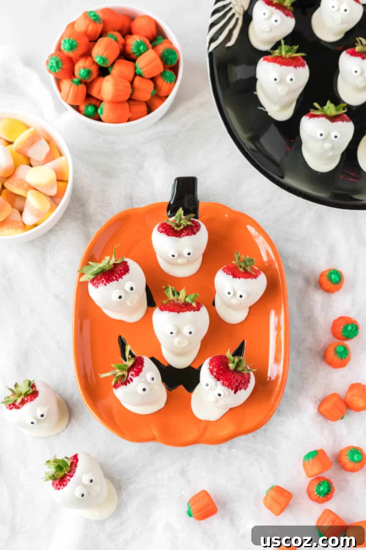 Strawberry Whispers 3 strawberry ghosts on hallloween plates