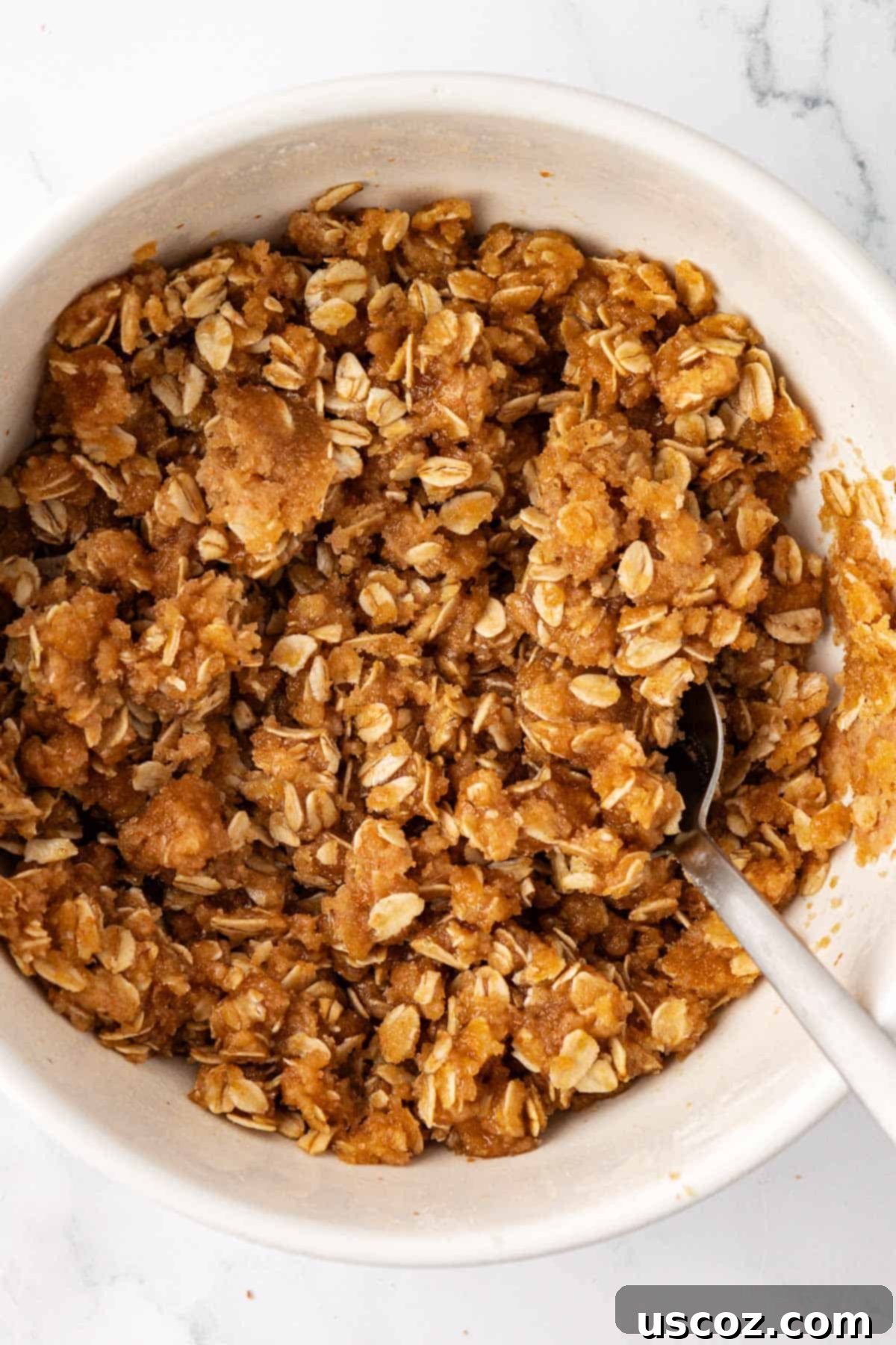 Comforting Vegan Apple Crisp 11 vegan apple crisp topping mixed together in a bowl
