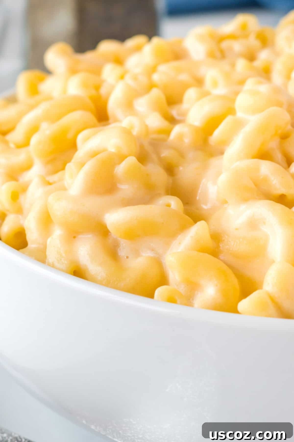 Creamy Greek Yogurt Mac and Cheese 3 close up of creamy greek yogurt mac and cheese with a spoon