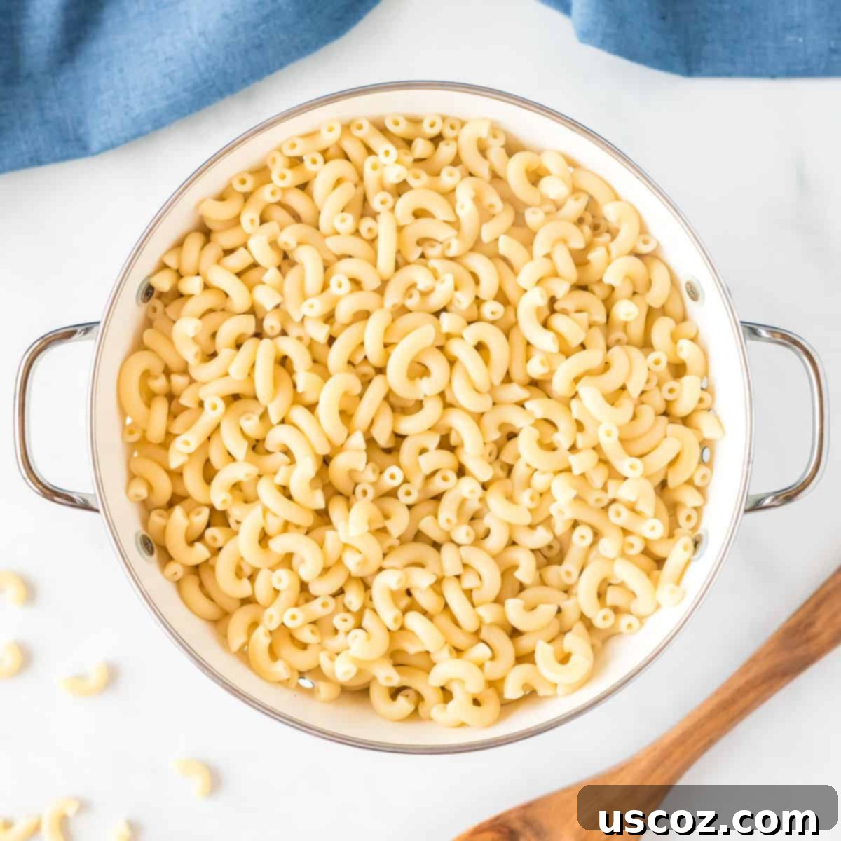 Creamy Greek Yogurt Mac and Cheese 5 cooked elbow macaroni noodles in a strainer