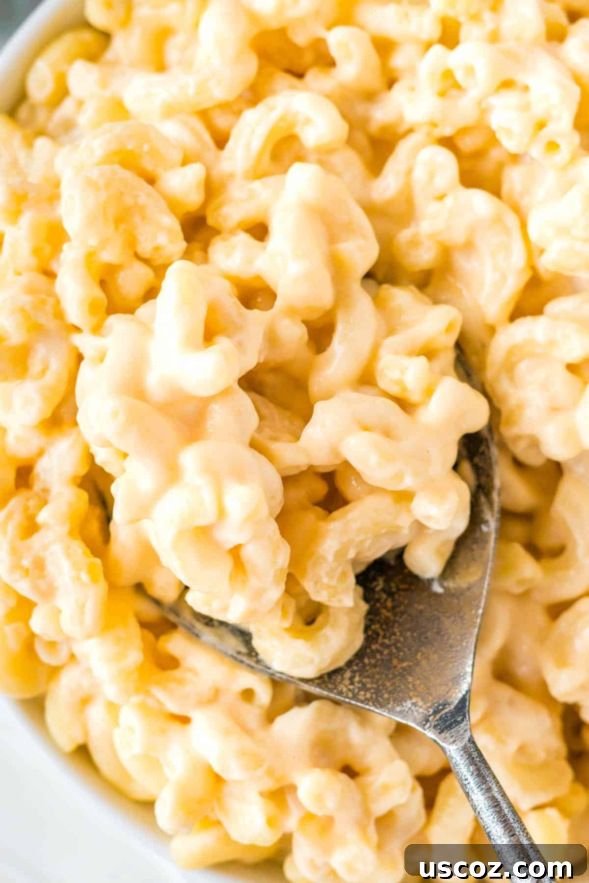 Creamy Greek Yogurt Mac and Cheese 10 serving spoon taking a scoop of mac and cheese from a bowl