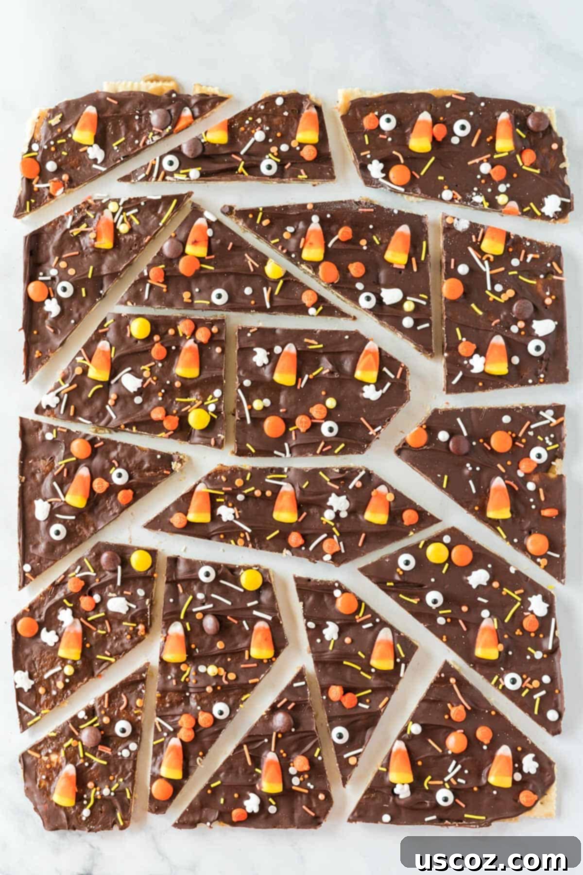 Spooky Halloween Crack 11 Halloween crack candy broken into irregular pieces, ready for serving.