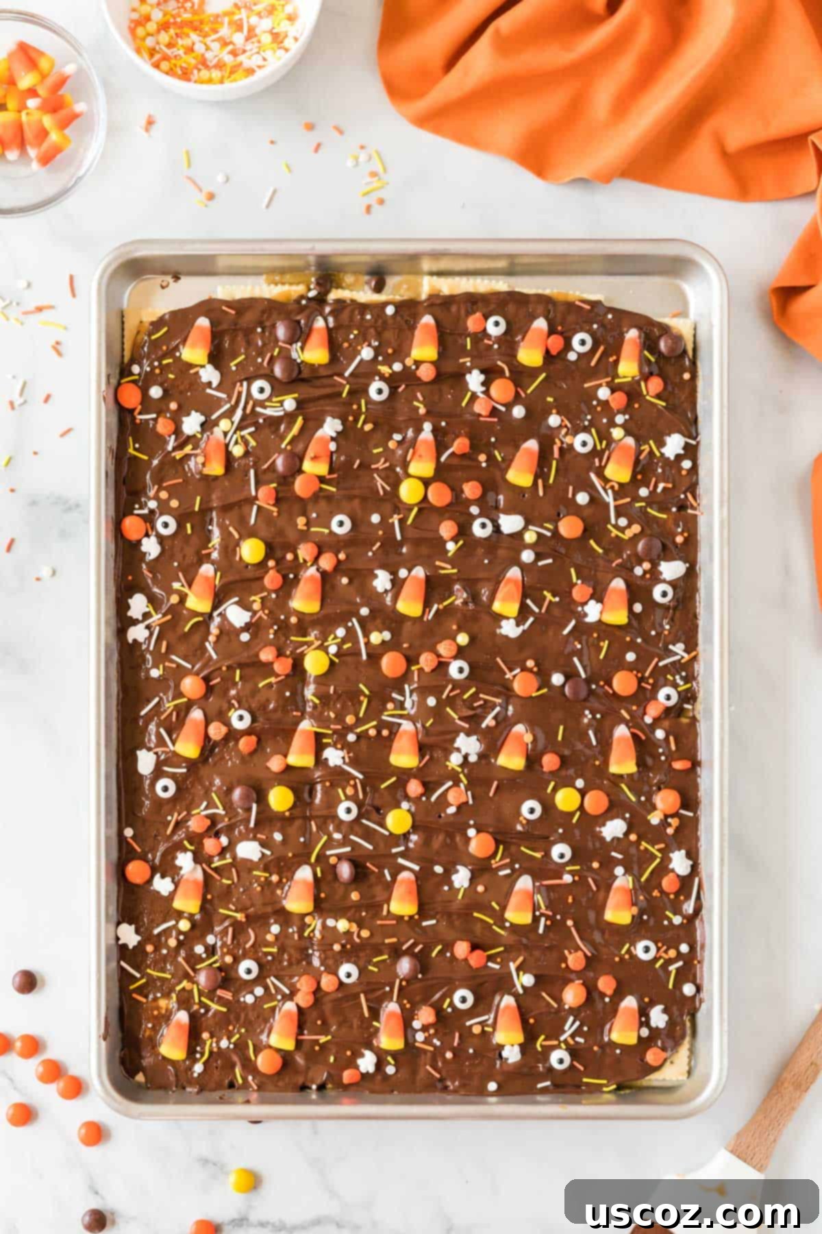Spooky Halloween Crack 10 Assorted Halloween candies, including eye candies, sprinkles, Reese's Pieces, and candy corns, added to the melted chocolate layer of the crack candy.