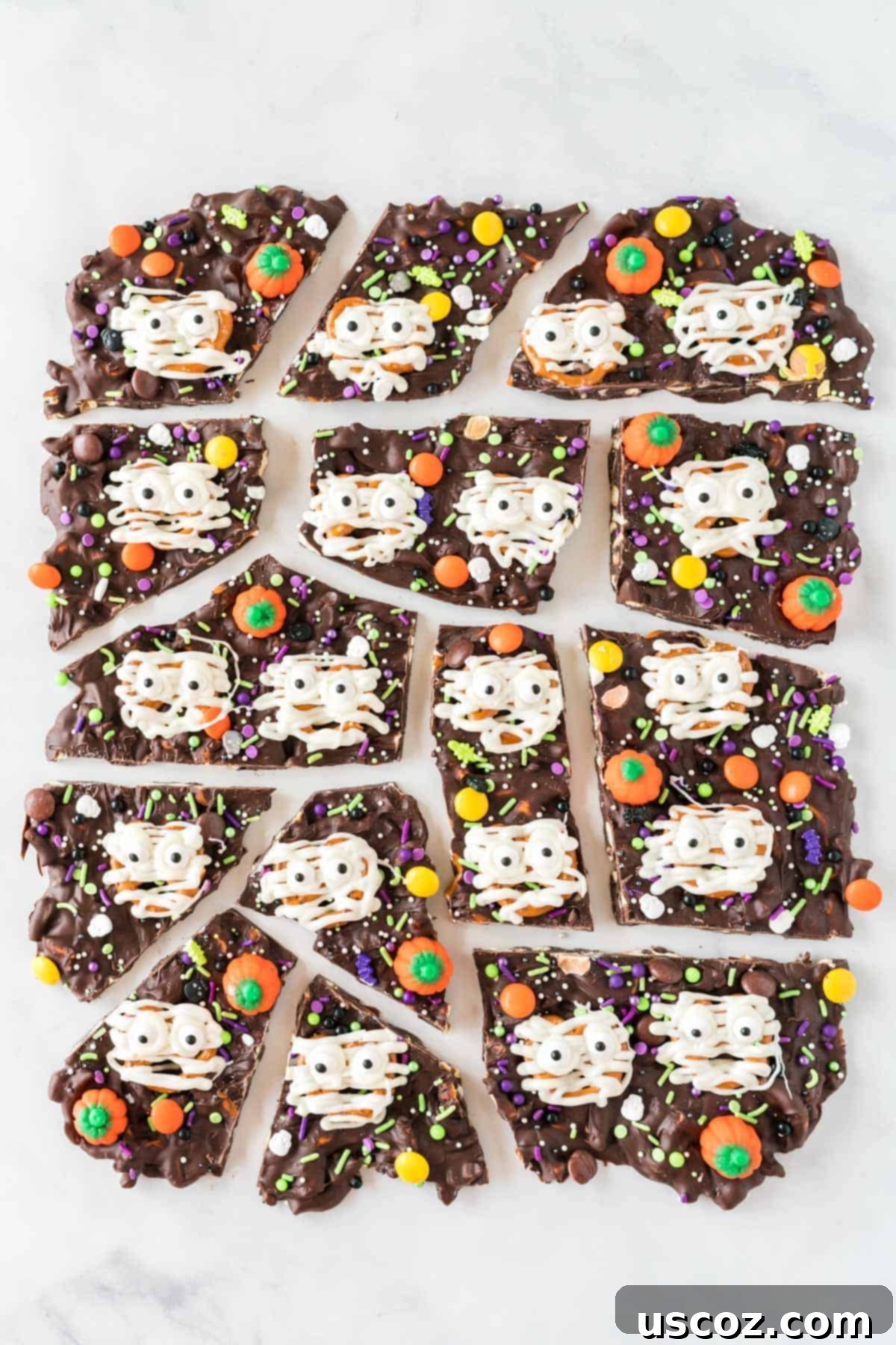 Monster Mash Bark 15 halloween bark broken into pieces on a flat surface
