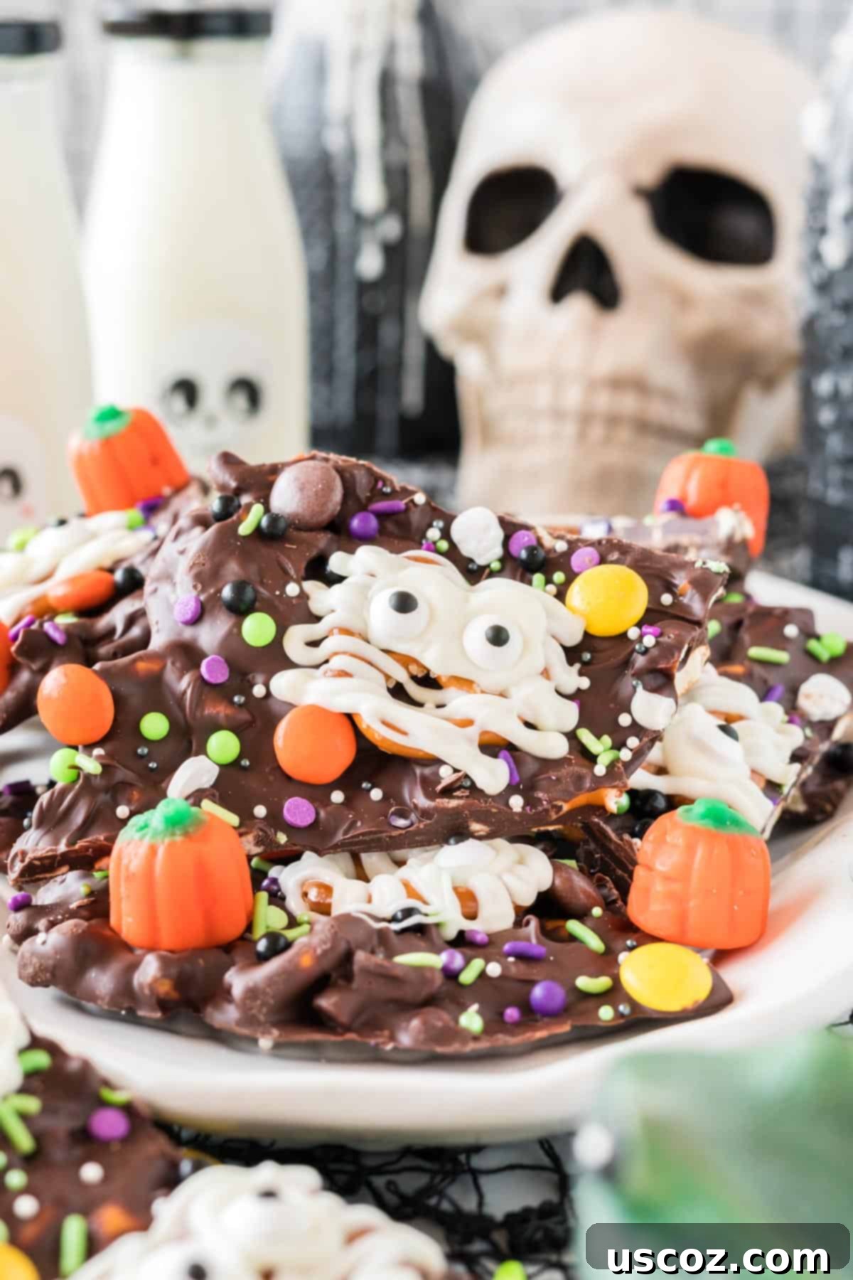 Monster Mash Bark 18 another angle of halloween bark on a skull serving dish, showing various toppings