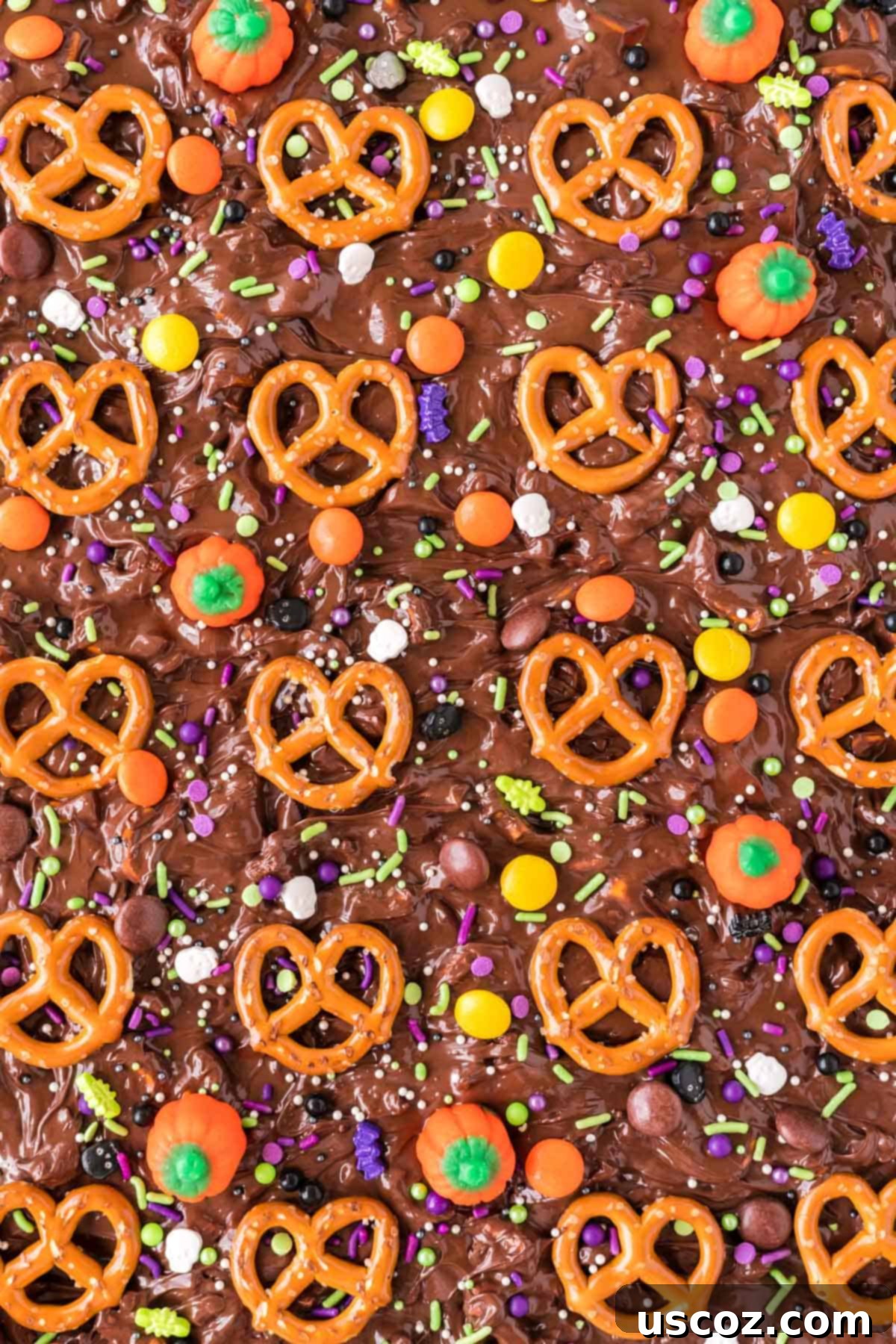 Monster Mash Bark 10 candy pumpkins, sprinkles, and reese's pieces added for decoration on the chocolate bark