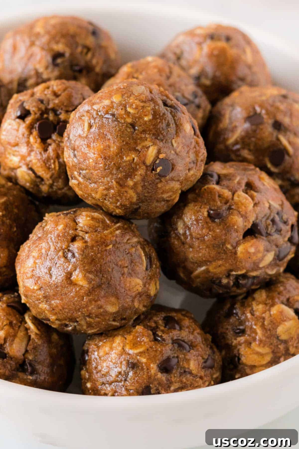 Pumpkin Protein Bites 2 Stacked pumpkin energy balls in a rustic bowl, garnished with cinnamon