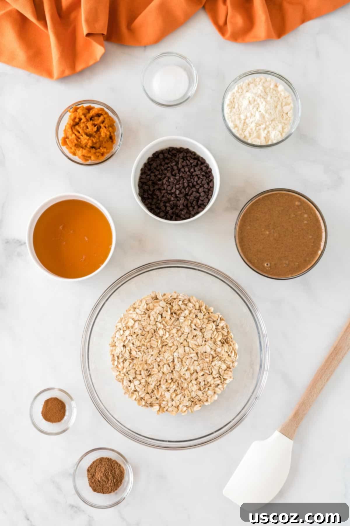 Pumpkin Protein Bites 4 Ingredients laid out for making pumpkin energy balls: pumpkin, almond butter, oats, protein powder, honey, and spices