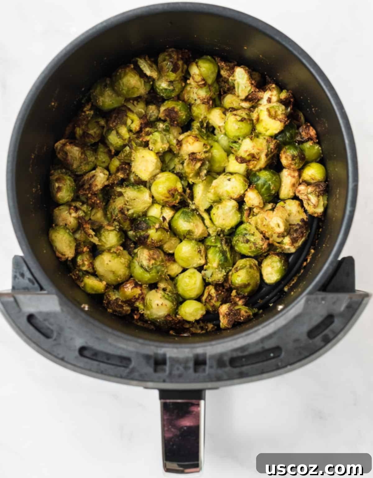 Freezer to Fork Air Fried Brussels Sprouts 2 roasted frozen brussel sprouts in the air fryer
