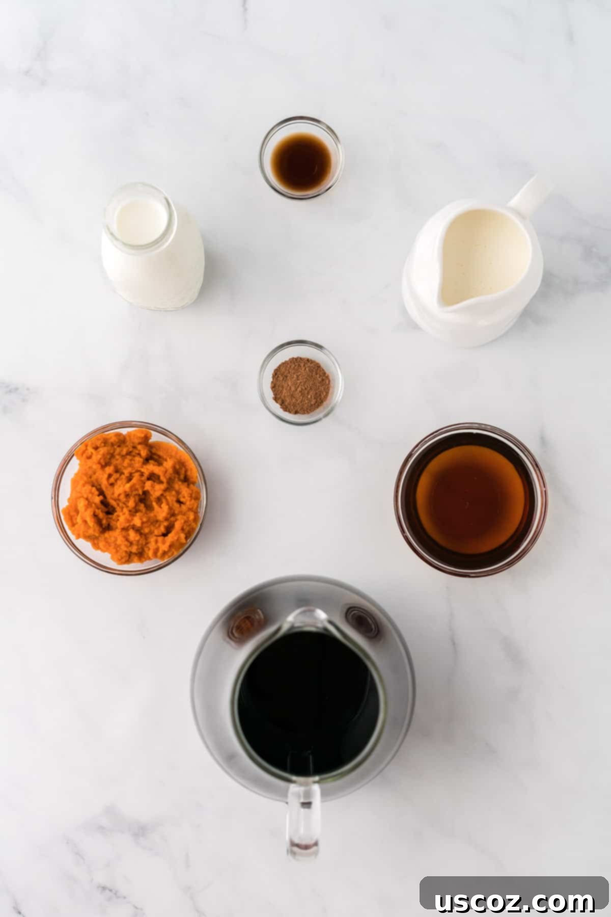 Spiced Pumpkin Cold Brew 3 Selection of ingredients including heavy cream, milk, canned pumpkin, maple syrup, pumpkin pie spice, cold brew, and vanilla extract