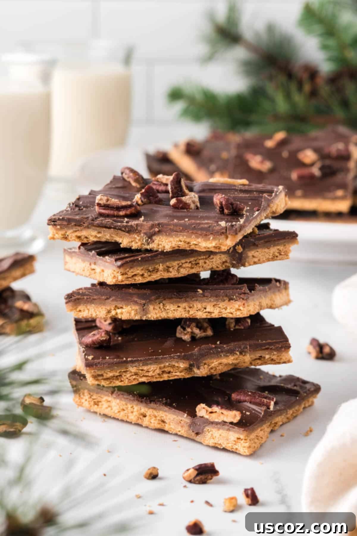 Golden Graham Toffee 2 stacked pieces of cracker toffee candy, showcasing the chocolate and pecan topping over the golden toffee and graham cracker base