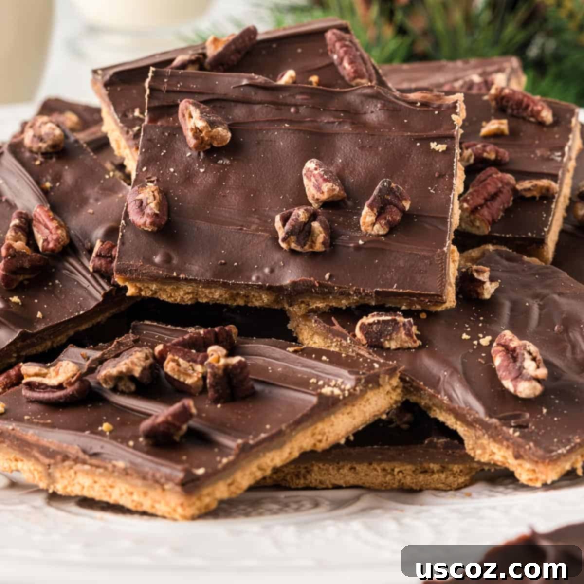 Golden Graham Toffee 16 close-up of graham cracker toffee on a plate, showing the layers of cracker, toffee, chocolate, and pecans