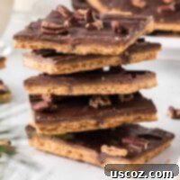 Golden Graham Toffee 17 stacked pieces of cracker toffee candy, showcasing the chocolate and pecan topping over the golden toffee and graham cracker base