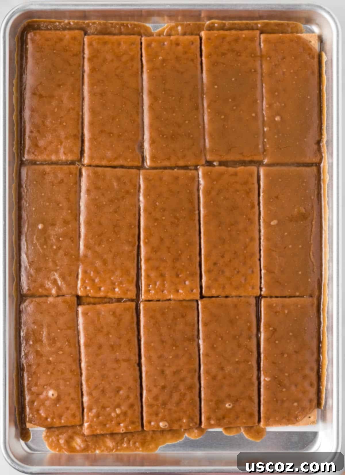 Golden Graham Toffee 10 baked graham crackers with golden brown, bubbly toffee after coming out of the oven