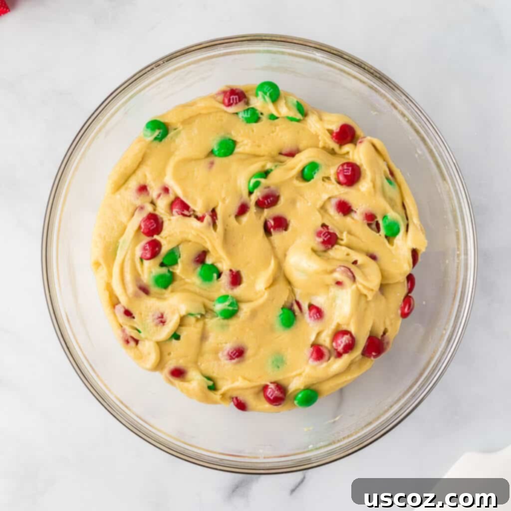 Effortless Holiday Cake Mix Cookies 8 Christmas cookie batter with M&M's perfectly mixed in, ready for baking