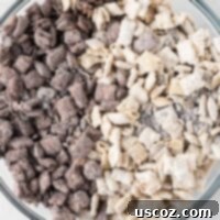 Cookies and Cream Dream Bites 17 Cookies and cream muddy buddies in a large serving bowl