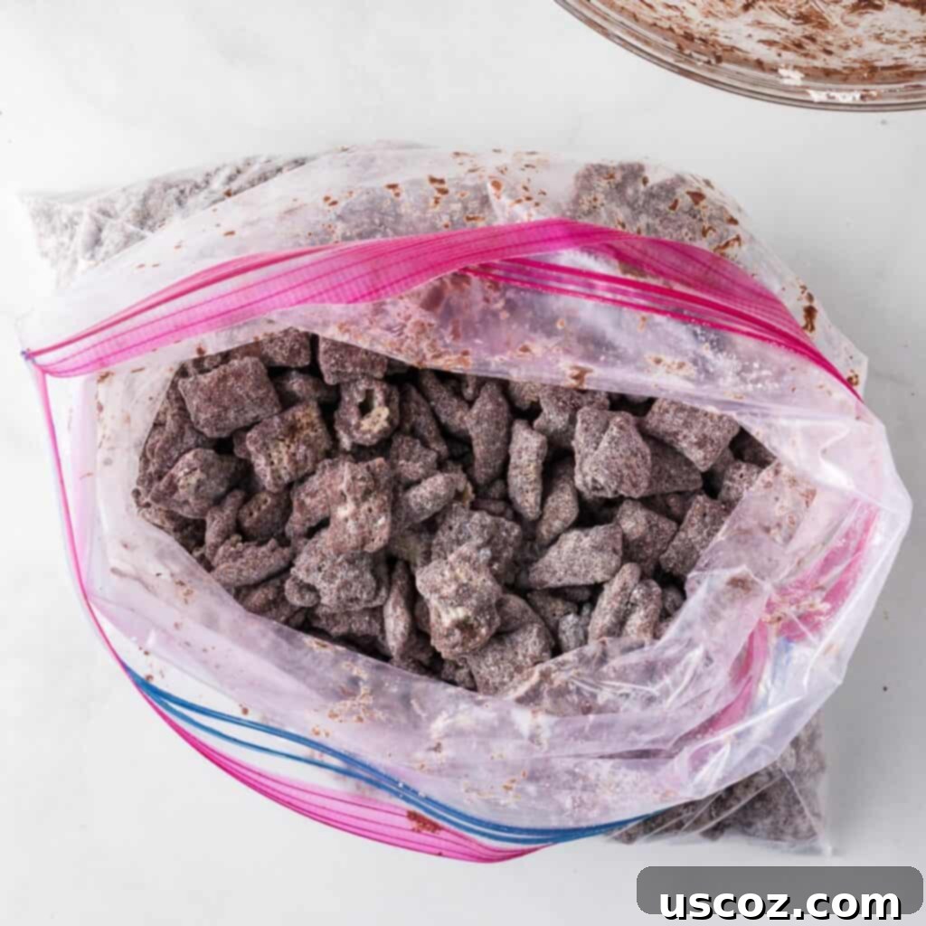 Cookies and Cream Dream Bites 10 Semi-sweet chocolate muddy buddies coated with powdered sugar and crushed Oreos inside a ziploc bag after shaking.