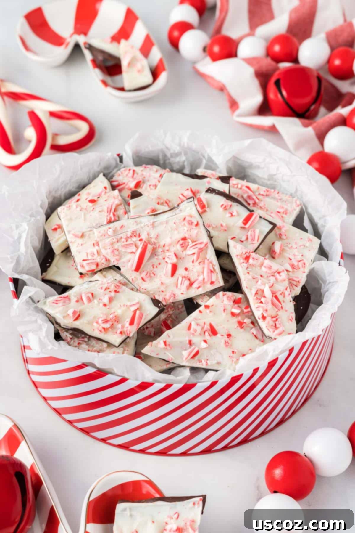 Decadent Mint Chocolate Bark 2 Festive chocolate peppermint bark in a decorative candy tin, ready for gifting or enjoying during the holidays