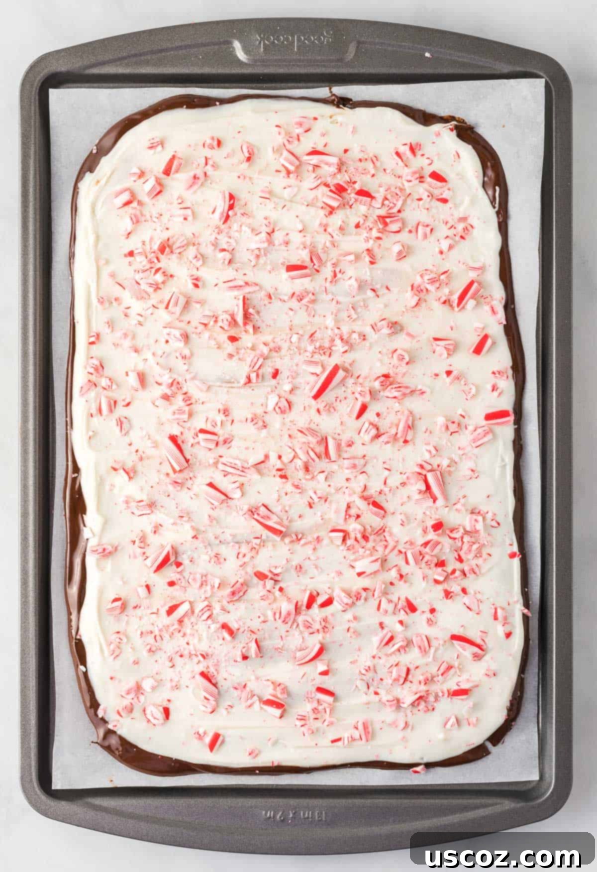 Decadent Mint Chocolate Bark 14 Sprinkling vibrant crushed candy canes over the freshly spread white chocolate layer of the peppermint bark.