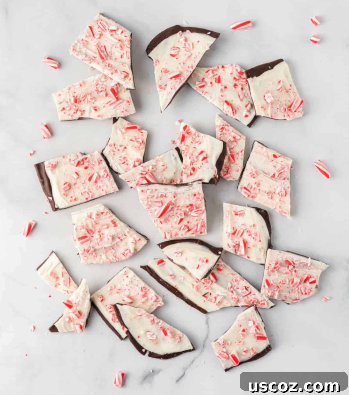 Decadent Mint Chocolate Bark 15 Delicious chocolate peppermint bark broken into rustic pieces, ready to be enjoyed as a holiday treat.