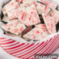 Decadent Mint Chocolate Bark 18 A close-up of delicious homemade Chocolate Peppermint Bark, showcasing the distinct layers of dark and white chocolate topped with crushed candy canes.