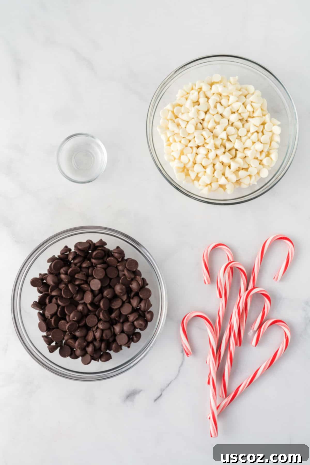 Decadent Mint Chocolate Bark 4 All the necessary ingredients laid out to make homemade chocolate peppermint bark: dark chocolate chips, white chocolate chips, peppermint extract, and candy canes.