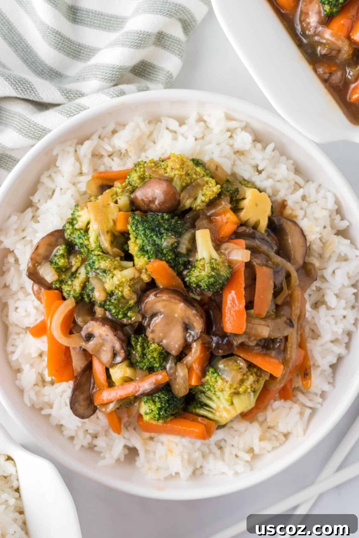 Sizzling Teriyaki Harvest 12 teriyaki vegetables over white rice in a bowl