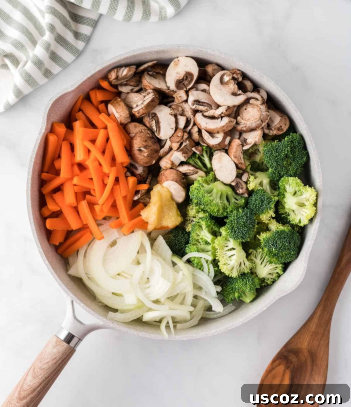 Sizzling Teriyaki Harvest 5 skillet full of raw vegetables for teriyaki stir fry