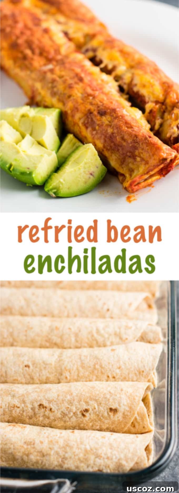 Cheesy Refried Bean Enchiladas 8 Pin this Refried Bean Enchiladas recipe for a healthy, easy vegetarian meal.