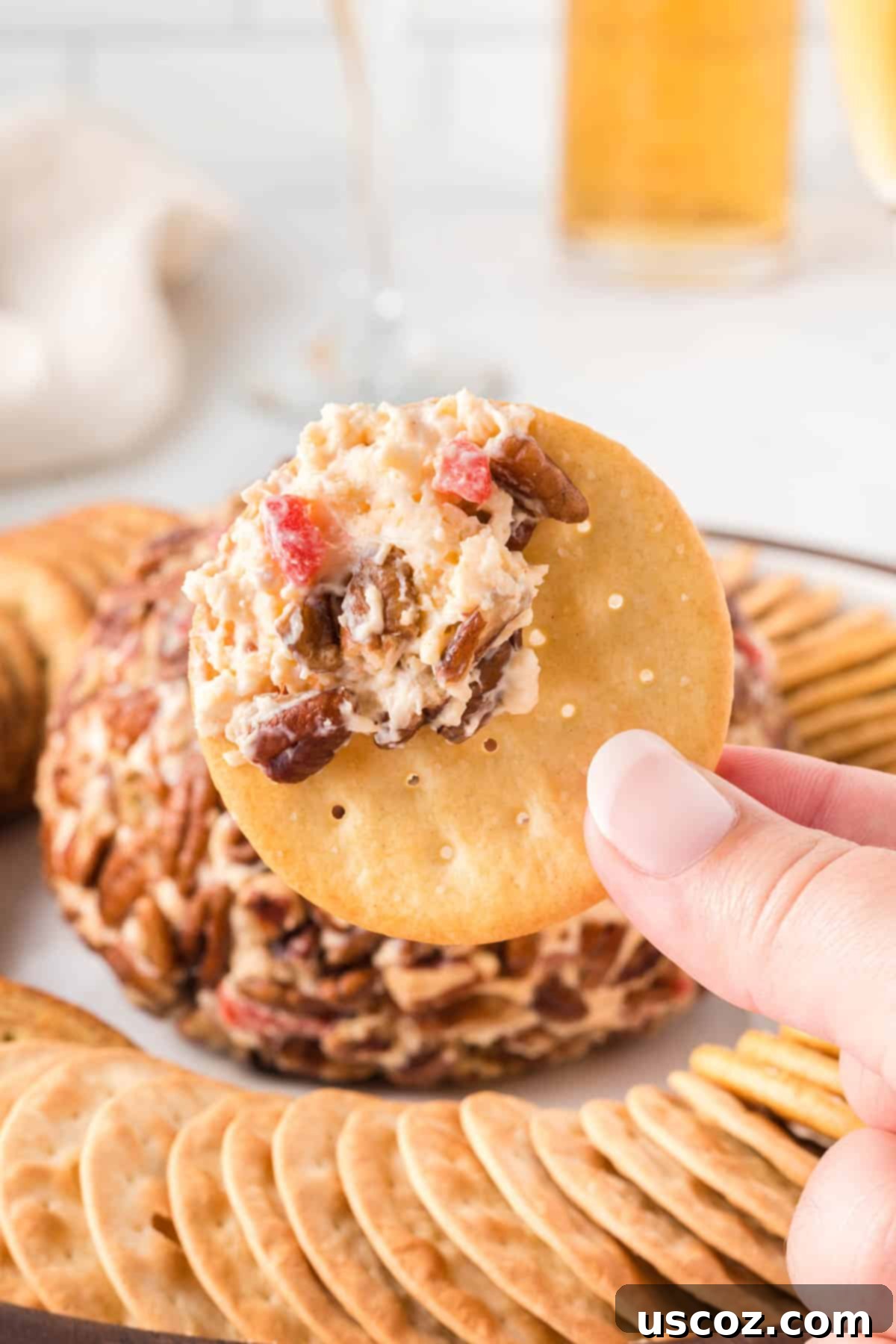 Classic Pimento Cheese Ball 15 cracker with pimento cheese ball on it