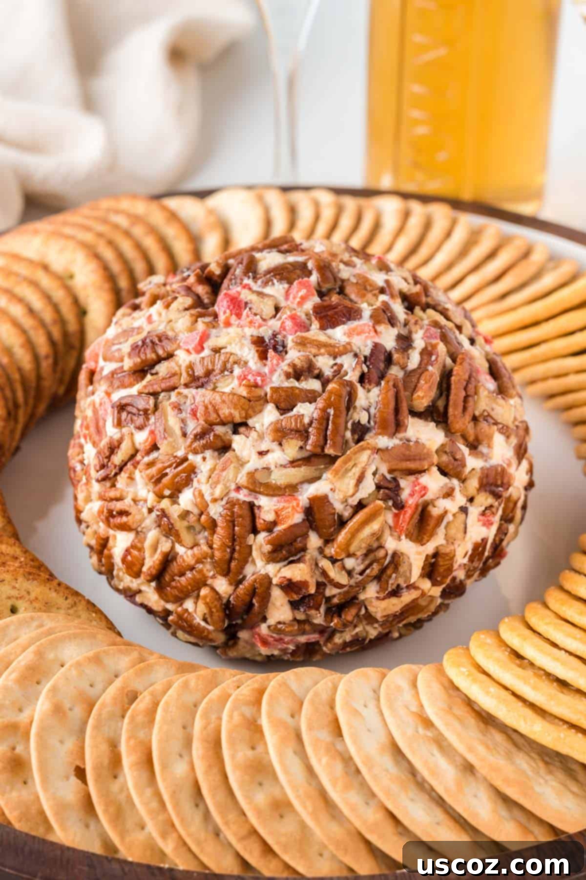 Classic Pimento Cheese Ball 16 pimento cheese ball on a platter surrounded by crackers