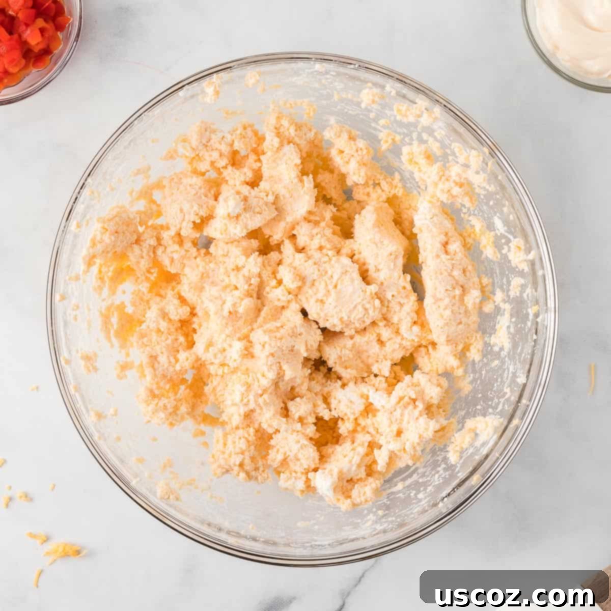 Classic Pimento Cheese Ball 7 cream cheese and cheddar cheese mixed together