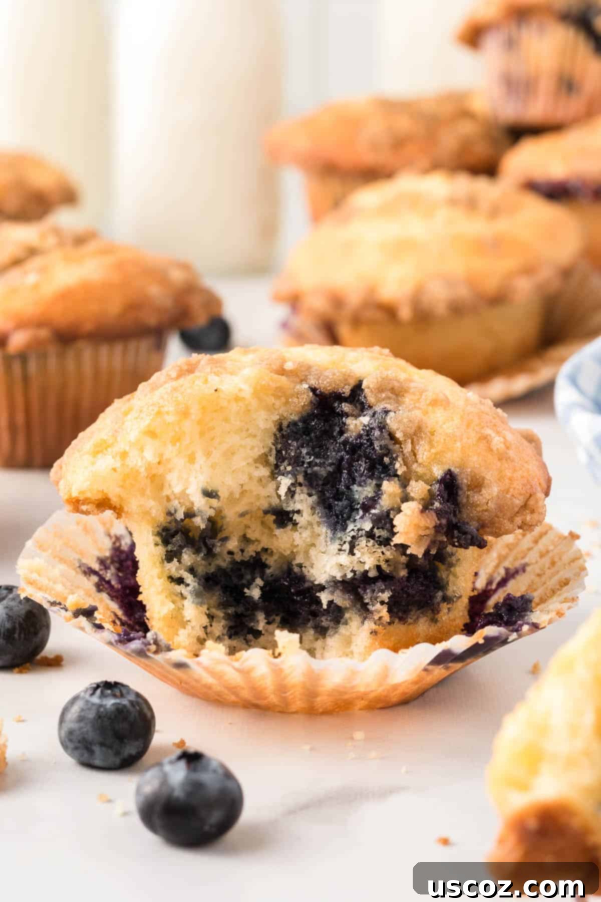 Effortless Cake Mix Blueberry Muffins 16 Close-up of a cake mix blueberry muffin with a bite taken out, showing the fluffy interior