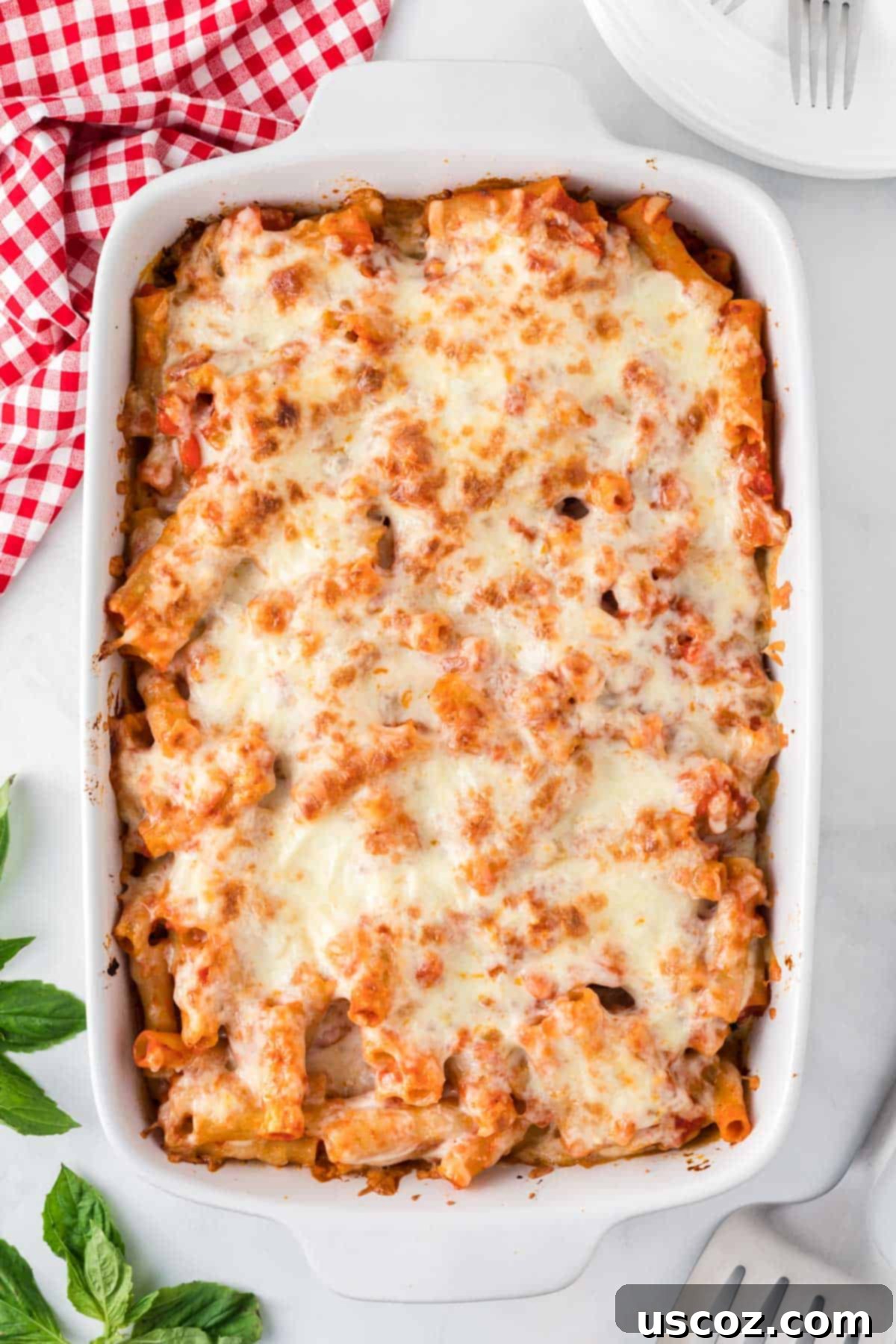 Cheesy Meatless Ziti Bake 2 A delicious pan of vegetarian baked ziti, showing bubbly cheese and sauce