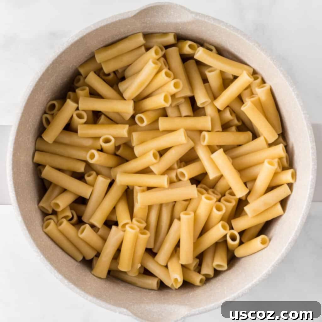 Cheesy Meatless Ziti Bake 11 Cooked ziti pasta in a saucepan, ready to be mixed with sauce