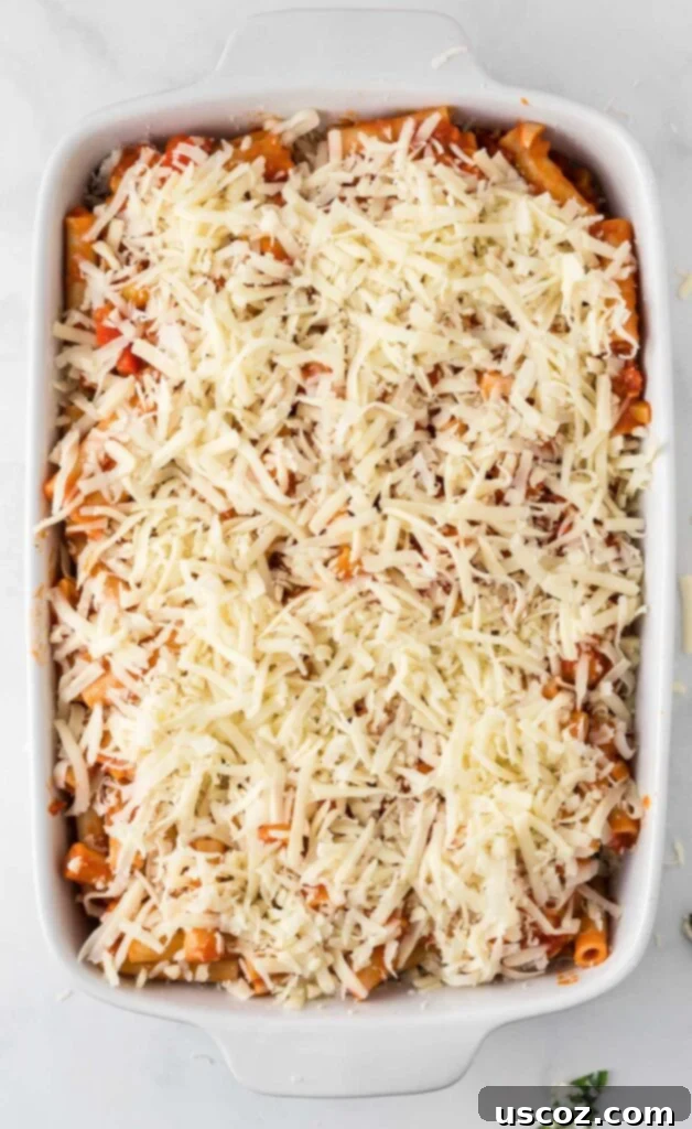 Cheesy Meatless Ziti Bake 15 Topping the vegetarian baked ziti with a generous layer of shredded mozzarella cheese